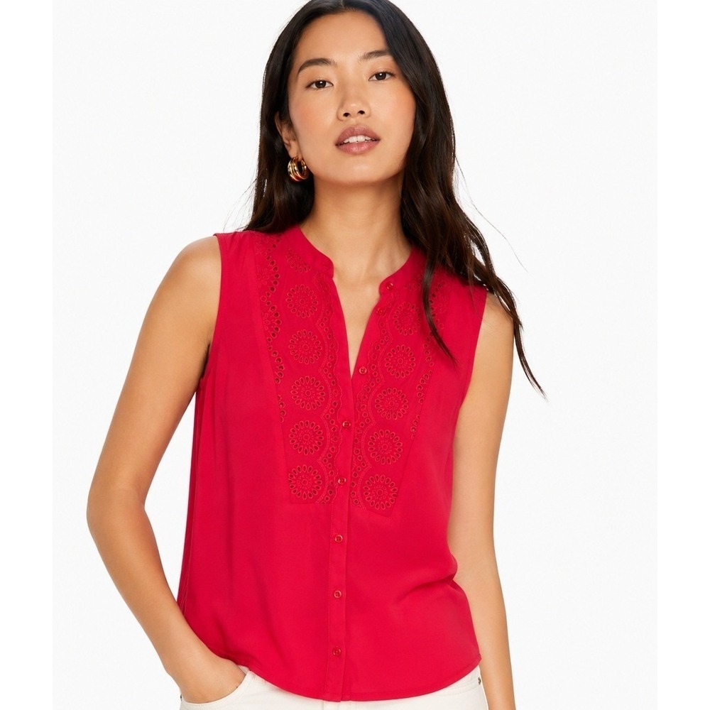 Maeve Anthropologie Red Eyelet Sleeveless Button Down Blouse Top Size 0